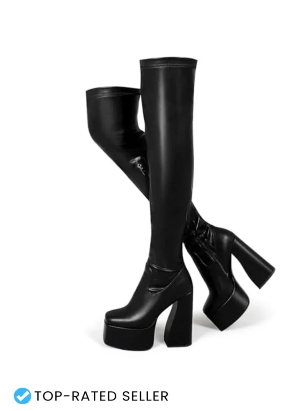 Chunky Block Heel Over The Knee Boots Square Toe Stretch PU Leather Thigh High